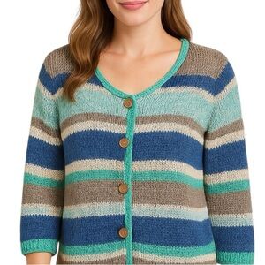J. JILL Petite Knit Multi Color Striped Scoop Neck Button Down Cardigan